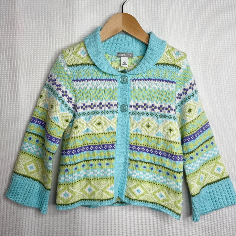 Carter's Vintage Kids Fair Isle Knit Cardigan Sweater 5T Blue Green Y2K Kidcore